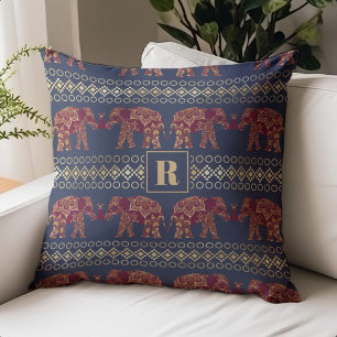 Indian Elephants Monogram Navy Blue Burgundy Gold Throw Pillow