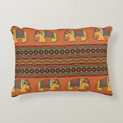 Indian Elephants Orange Traditional Seamless Accent Pillow