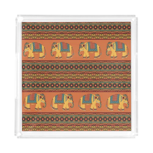 Indian Elephants Orange Traditional Seamless Acrylic Tray