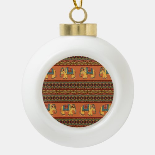 Indian Elephants Orange Traditional Seamless Ceramic Ball Christmas Ornament