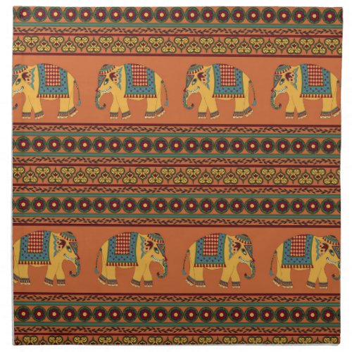 Indian Elephants Orange Traditional Seamless Cloth Napkin