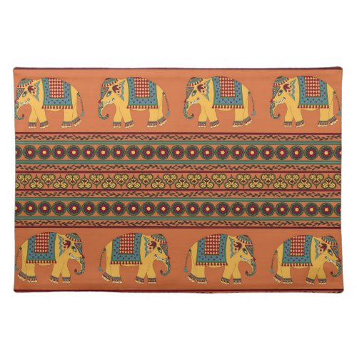 Indian Elephants Orange Traditional Seamless Cloth Placemat