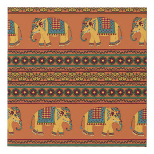 Indian Elephants, Orange Traditional Seamless. Faux Canvas Print