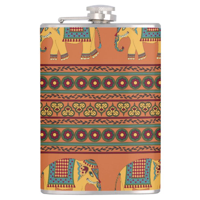 Indian Elephants, Orange Traditional Seamless. Flask (Front)