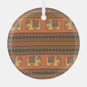 Indian Elephants, Orange Traditional Seamless. Glass Ornament