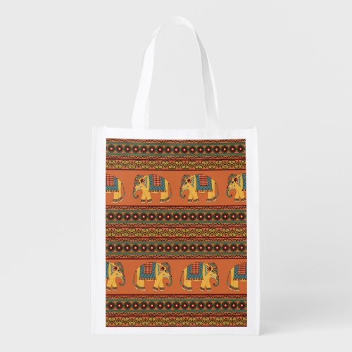 Indian Elephants Orange Traditional Seamless Grocery Bag