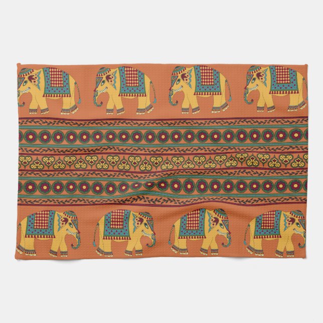 Indian Elephants, Orange Traditional Seamless. Kitchen Towel (Horizontal)
