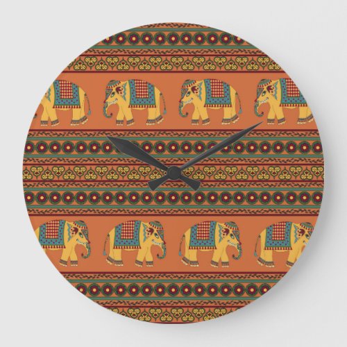 Indian Elephants Orange Traditional Seamless Large Clock