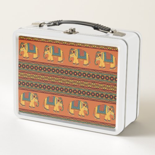 Indian Elephants Orange Traditional Seamless Metal Lunch Box