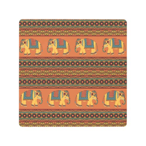Indian Elephants Orange Traditional Seamless Metal Print
