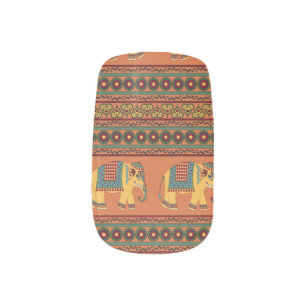 Indian Elephants, Orange Traditional Seamless. Minx Nail Art