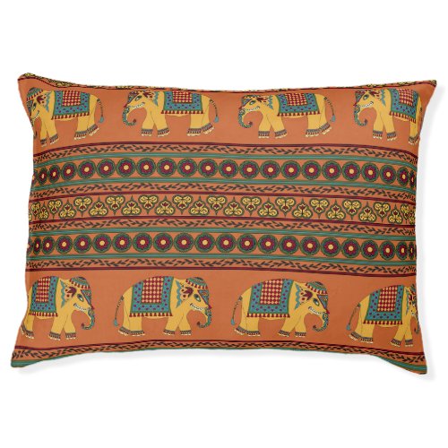 Indian Elephants Orange Traditional Seamless Pet Bed