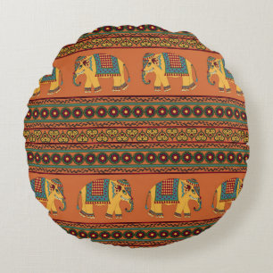 Indian Elephants, Orange Traditional Seamless. Round Pillow