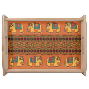 Indian Elephants, Orange Traditional Seamless. Serving Tray