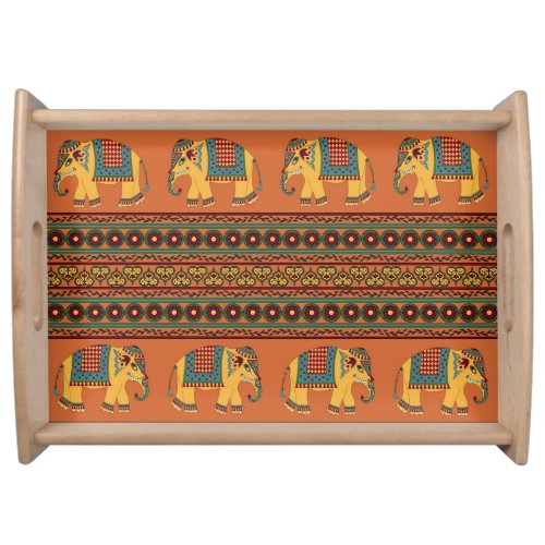 Indian Elephants Orange Traditional Seamless Serving Tray
