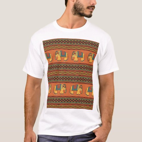 Indian Elephants Orange Traditional Seamless T_Shirt
