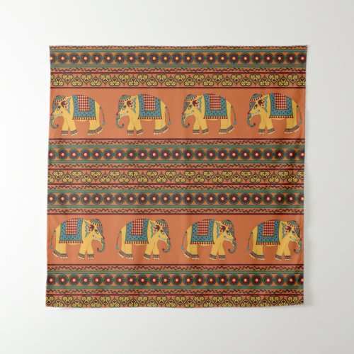Indian Elephants Orange Traditional Seamless Tapestry