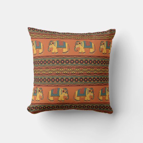 Indian Elephants Orange Traditional Seamless Throw Pillow