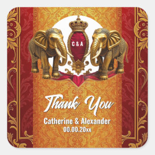 Indian elephants red gold Hindi floral wedding Square Sticker