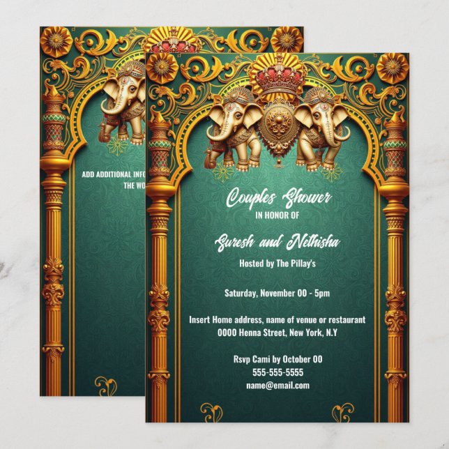 Indian elephants royal teal gold couples shower invitation (Front/Back)
