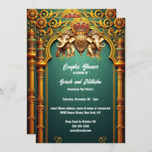 Indian elephants royal teal gold couples shower invitation