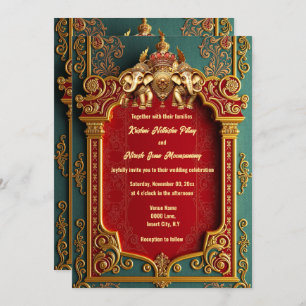Indian elephants teal gold burgundy royal wedding invitation