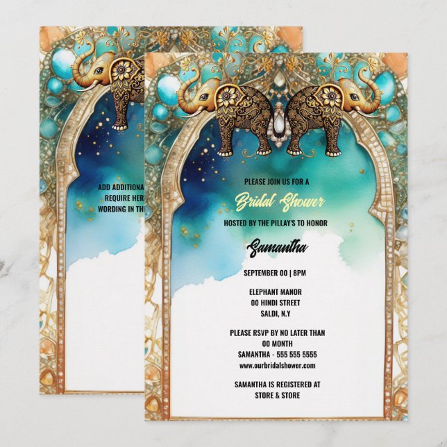 Indian elephants watercolor blue traditional gems invitation (Front/Back)