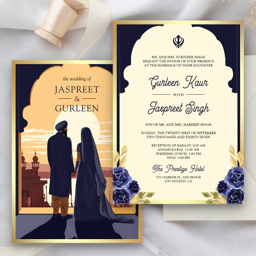 Indian Ethnic Navy Blue Anand Karaj Sikh Wedding Invitation