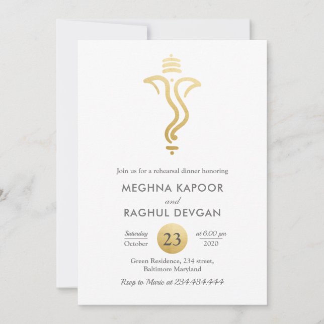 Indian | Faux Gold Foil Ganesha Rehearsal Dinner Invitation (Front)