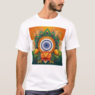 Indian Flag with Lotus and Peacock Feathers T-Shirt