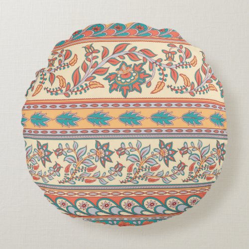 Indian Floral Borders Seamless Pattern Round Pillow