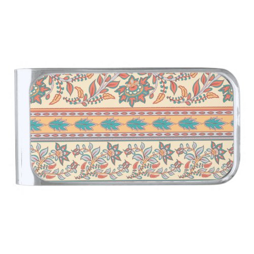 Indian Floral Borders Seamless Pattern Silver Finish Money Clip