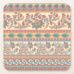 Indian Floral Borders Seamless Pattern Square Paper Coaster