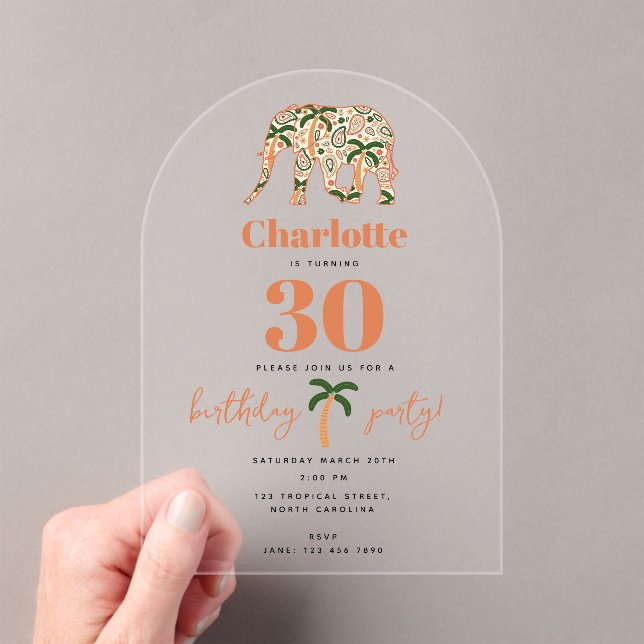 Indian Floral Paisley Ornate Elephants Birthday Acrylic Invitations (Insitu (Handheld))