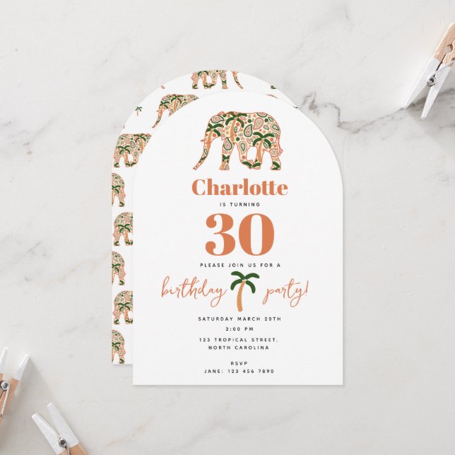 Indian Floral Paisley Ornate Elephants Birthday Invitation (Front/Back In Situ)