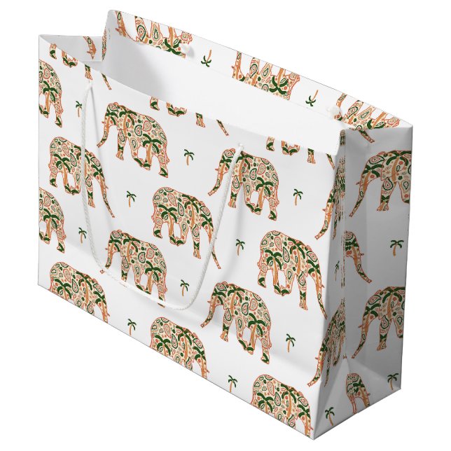 Indian Floral Paisley Ornate Elephants Large Gift Bag (Front Angled)