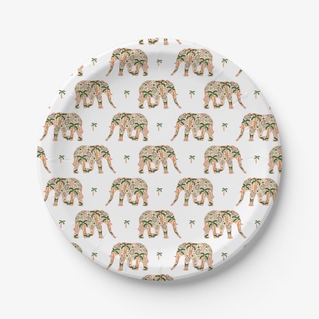 Indian Floral Paisley Ornate Elephants Paper Plates (Front)