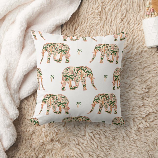 Indian Floral Paisley Ornate Elephants Throw Pillow (Blanket)
