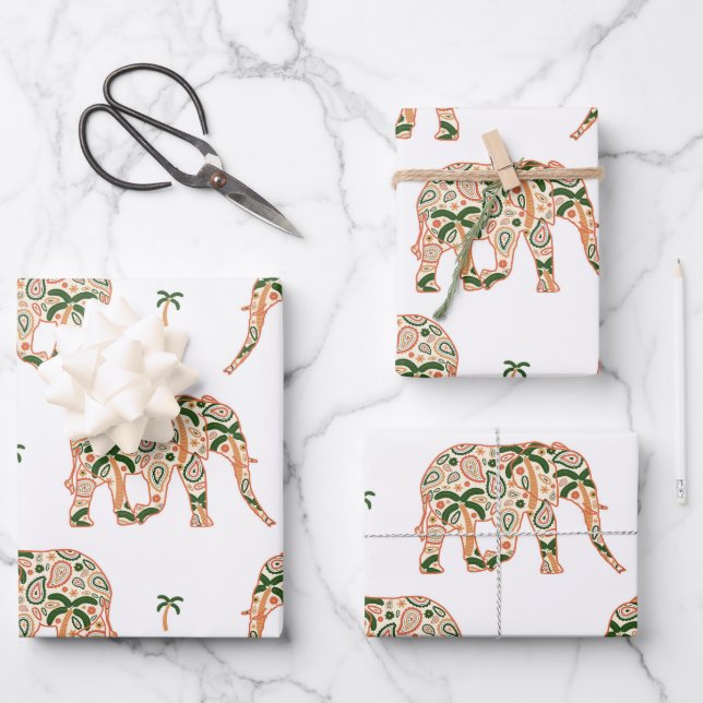 Indian Floral Paisley Ornate Elephants Wrapping Paper Sheets (Front)
