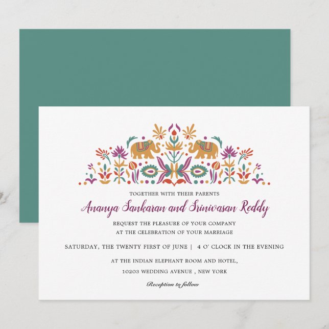 Indian Flower Elephant Jade green modern wedding Invitation (Front/Back)
