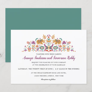 Indian Flower Elephant Jade green modern wedding Invitation
