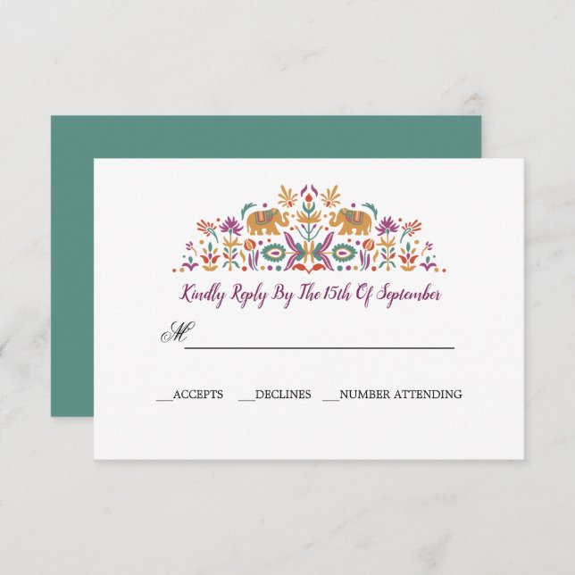 Indian Flower Elephant Jade green RSVP wedding Invitation (Front/Back)