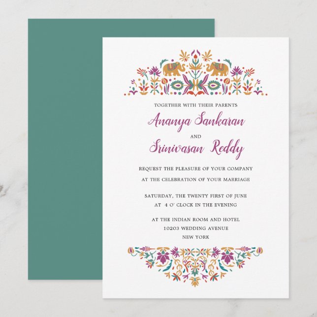 Indian Flower Elephant Jade green Wedding Invitation (Front/Back)