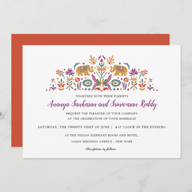 Indian Flower Elephant Orange modern wedding Invitation (Front/Back)