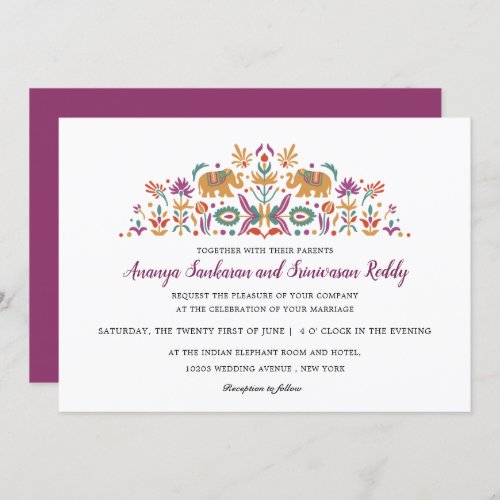 Indian Flower Elephant Purple modern wedding Invitation