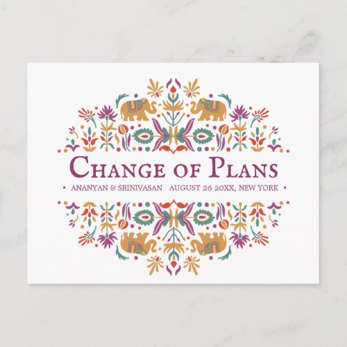 Indian Flower  Elephant Wedding CHANGE OF PLANS Announcement Postcard