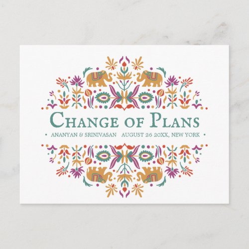 Indian Flower  Elephant Wedding CHANGE OF PLANS Announcement Postcard