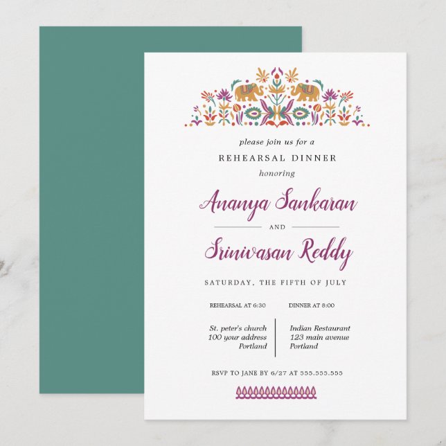 Indian Flower Elephant wedding  Rehearsal Dinner Invitation (Front/Back)