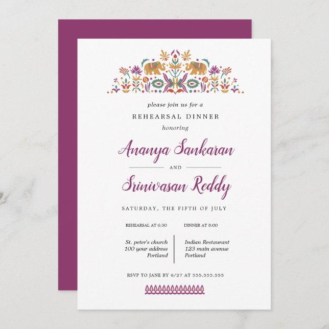 Indian Flower Elephant wedding  Rehearsal Dinner Invitation (Front/Back)