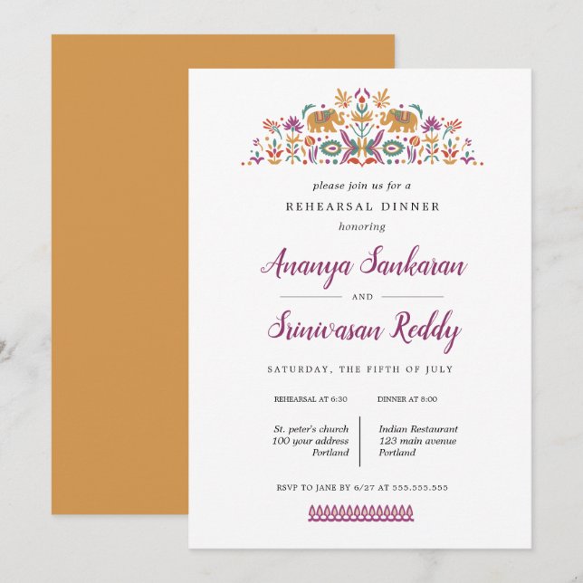 Indian Flower Elephant wedding  Rehearsal Dinner Invitation (Front/Back)